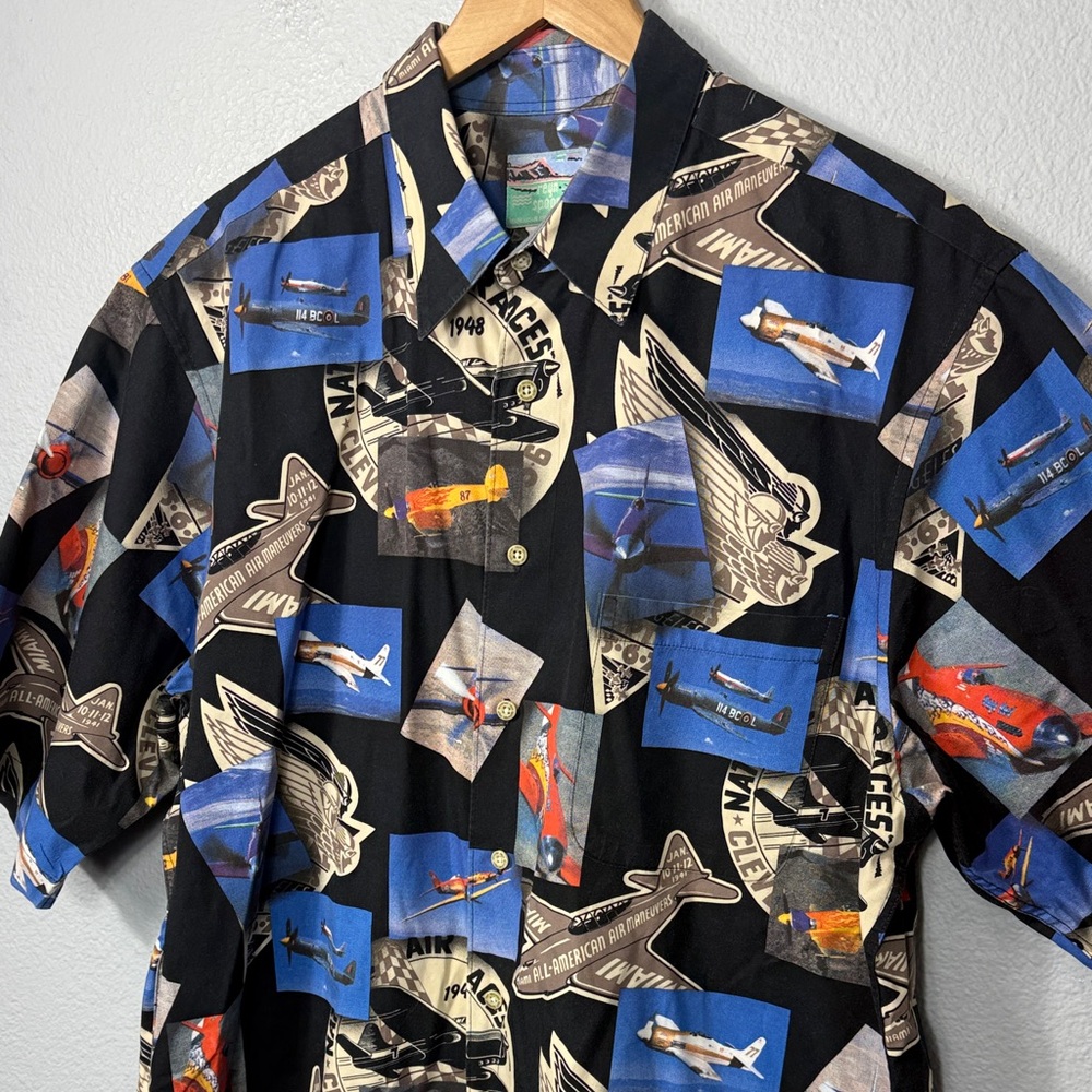 Vintage Reyn Spooner Black Aviation Print Short-Sleeve Shirt